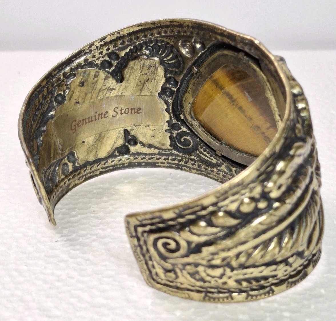 Vtg South Western Cuff Bracelet 2 Inch Stone Tiger’s Eye Floral Embossed Brass