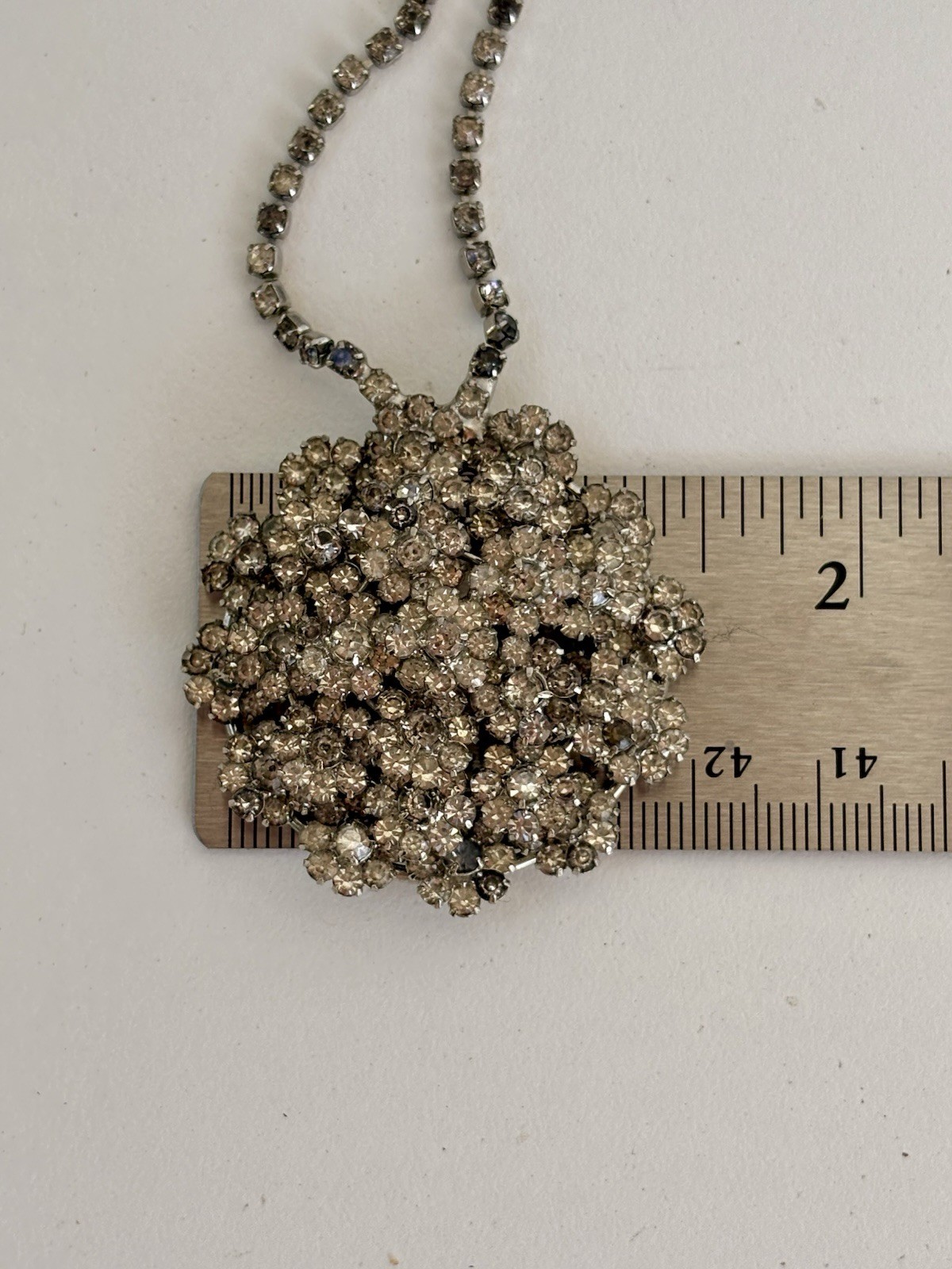 Vintage Rhinestone Floret Necklace 1.75″ Pendant Silver Tone Mid Century