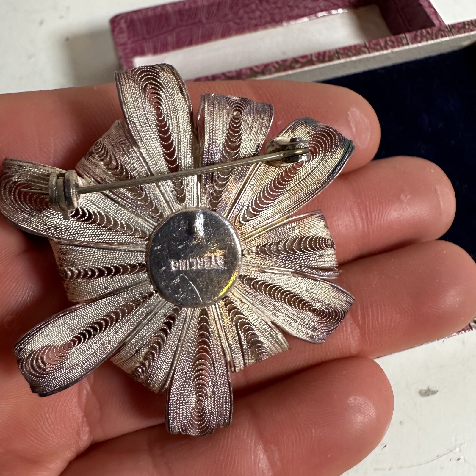 Vintage Golden Metal Sterling Filigree Gorgeous French Orena Paris Flower Brooch