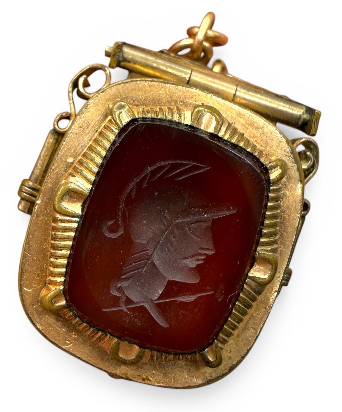 Antique GF Intaglio Centurion Carnelian Tigers Eye Watch Fob Pendant Locket