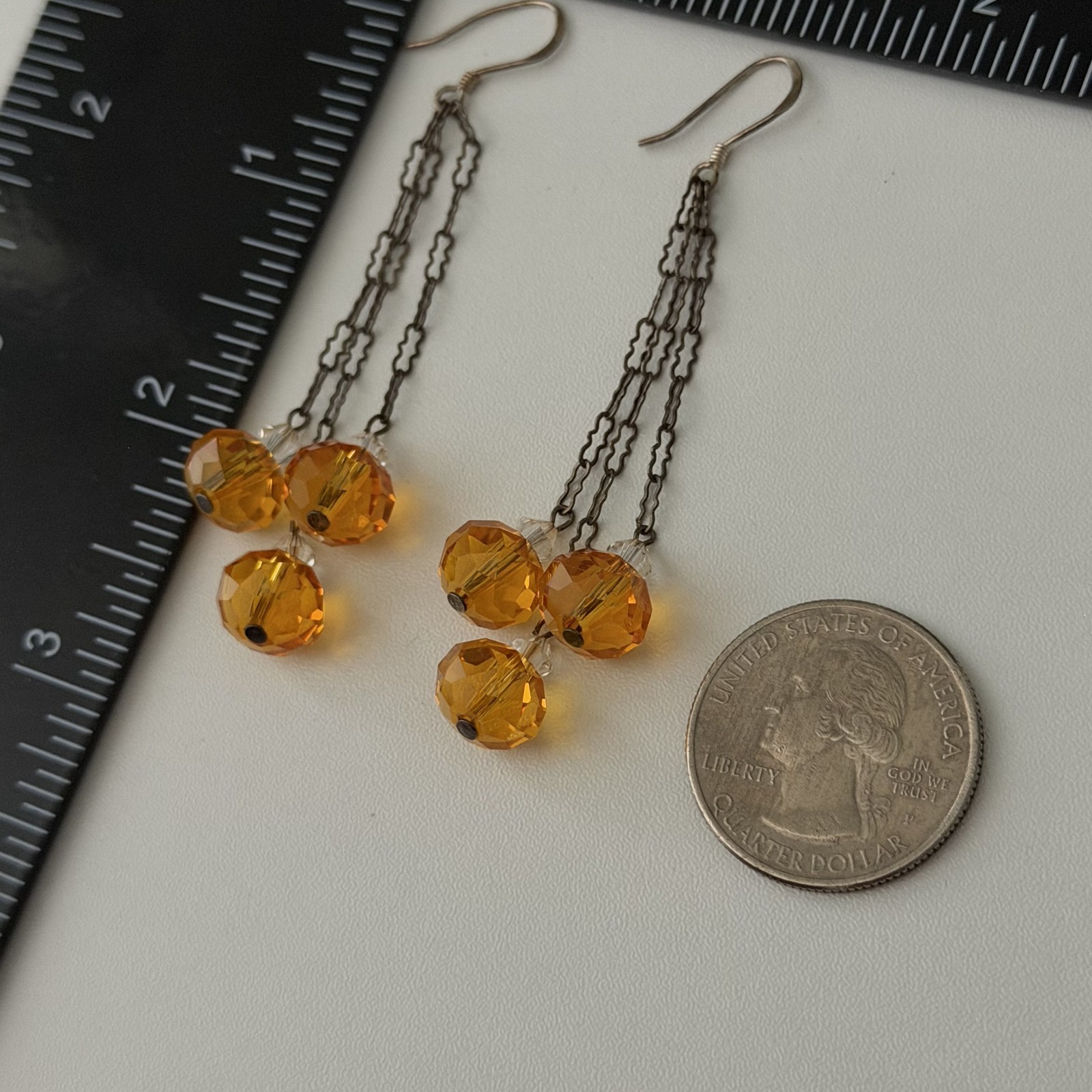 Vintage 925 Sterling Silver Antique Orange Crystal Chandelier Dangle Earrings
