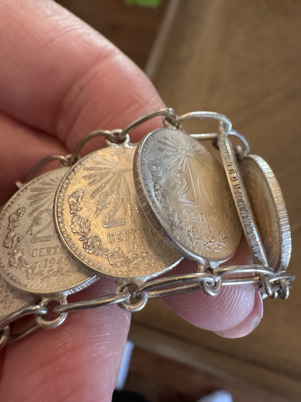 Vintage Mexican 20 Centavos Coin Bar Link Chain Bracelet ~ Silver ~ 7 in