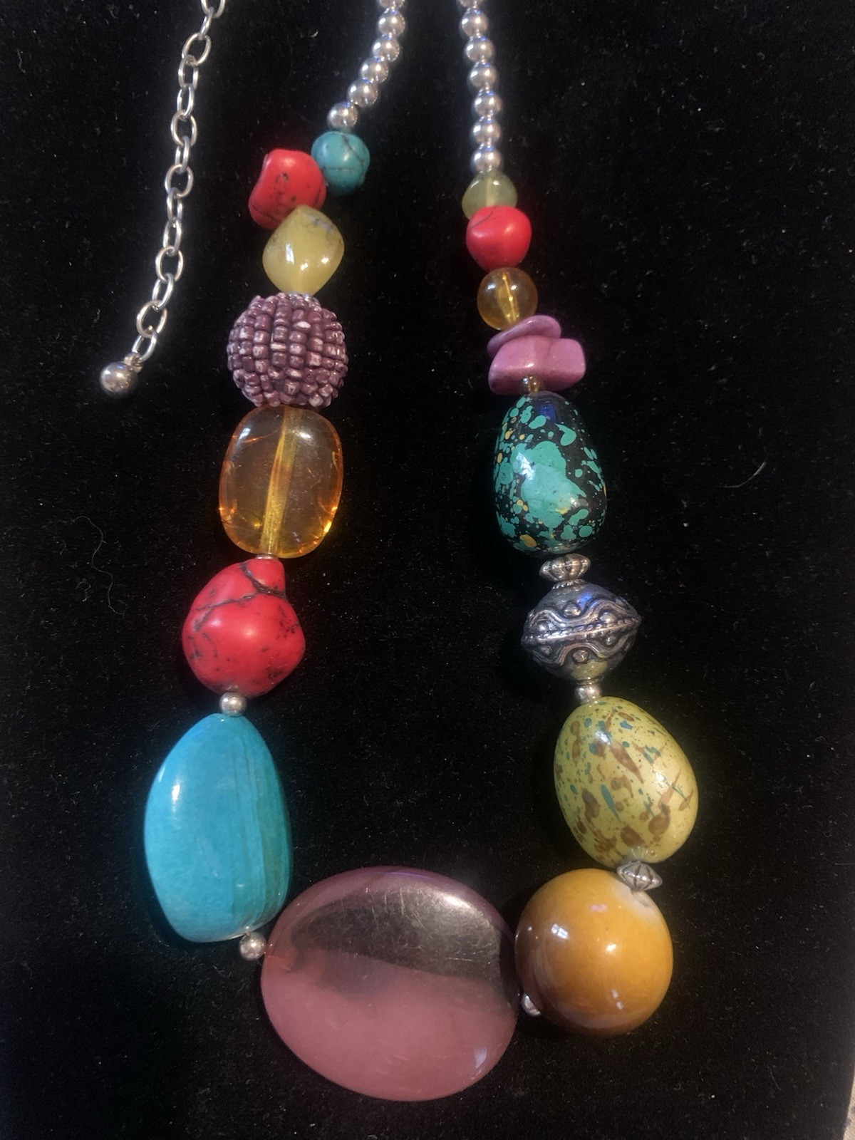 Vintage Pretty HSN Mixed Chunky Beads Stones Silver Tone Multi Color Necklace