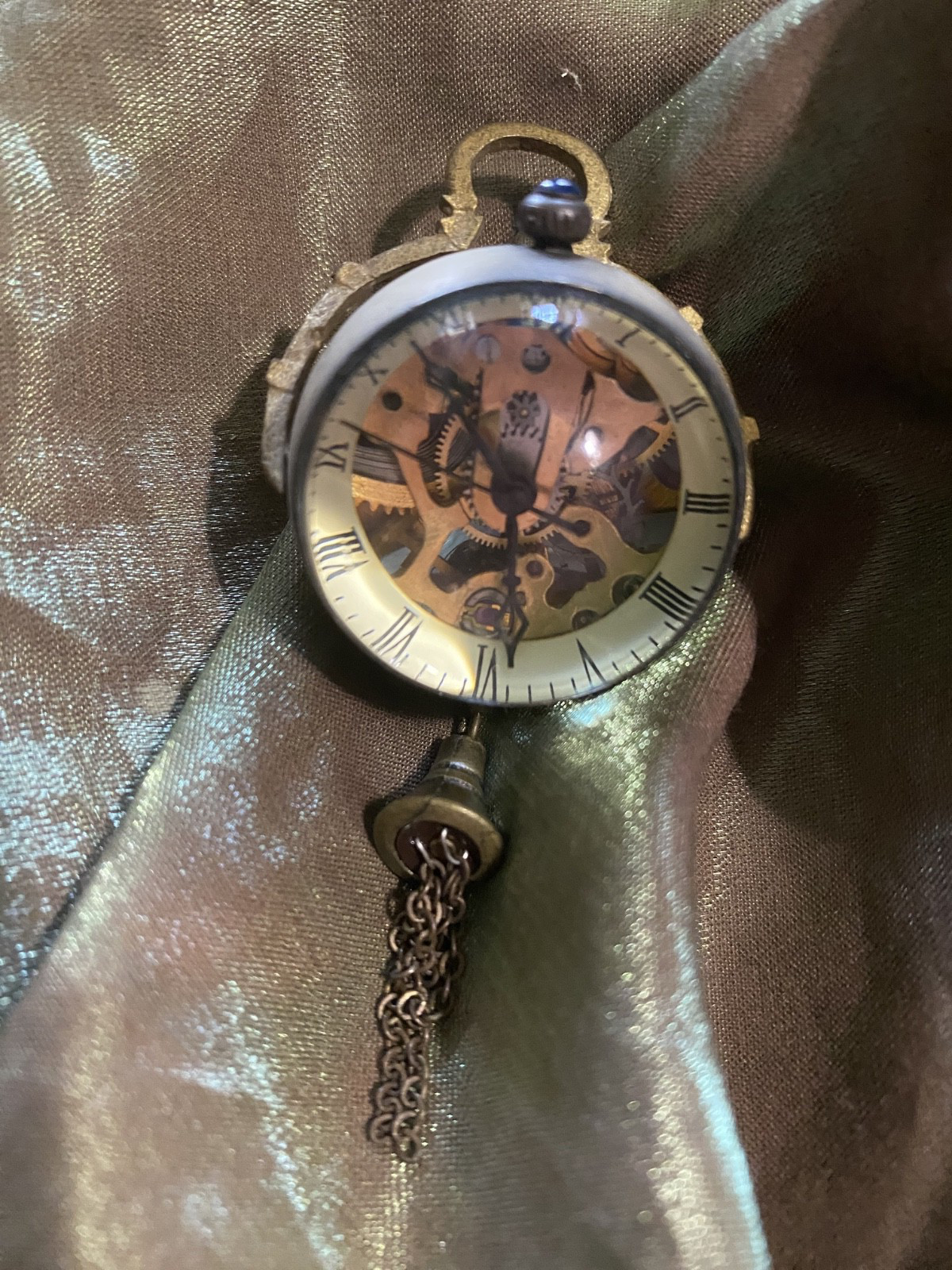 Glass globe pendant watch clock brass tone metal tassel / NOT working