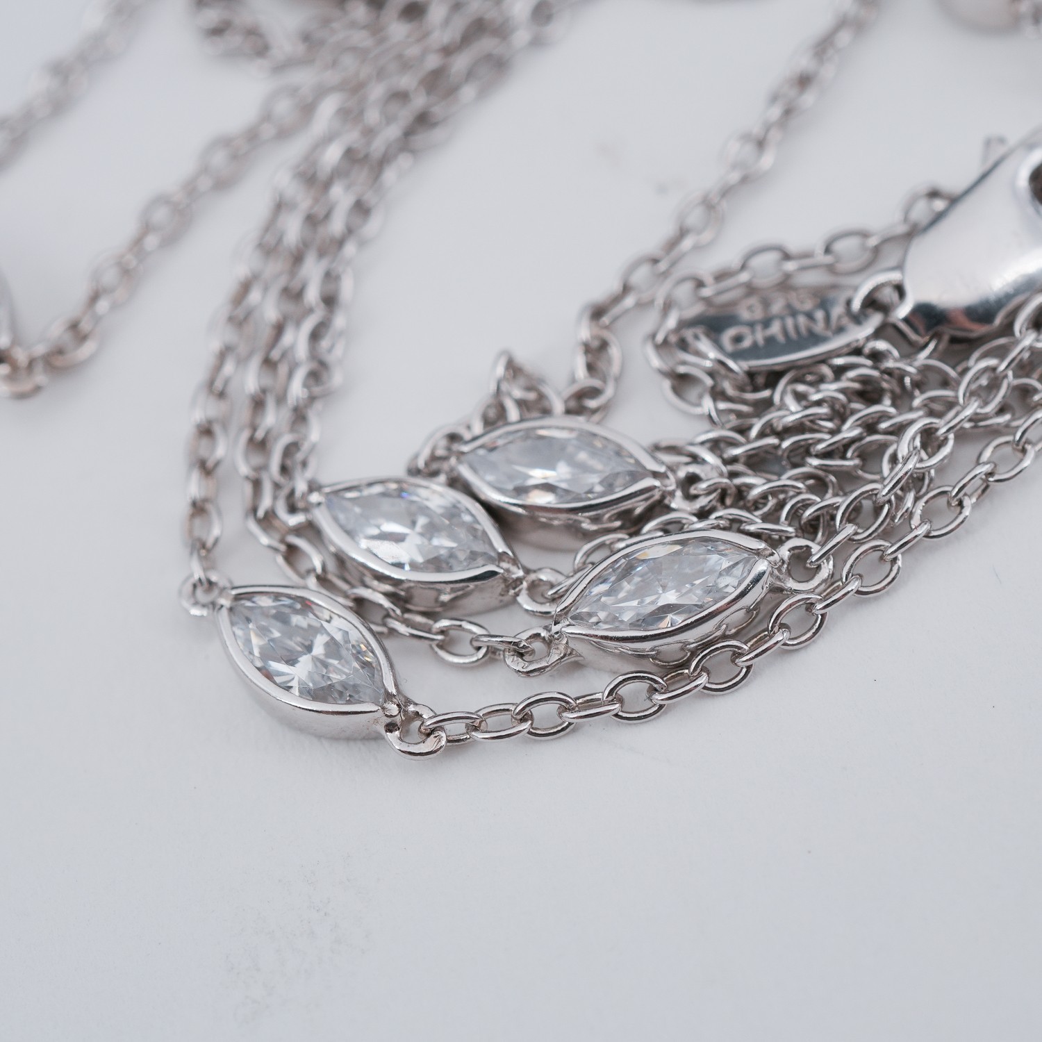 Sterling Silver CZ-by-the-Yard Station Necklace Marquise Round Open Bezel 36″