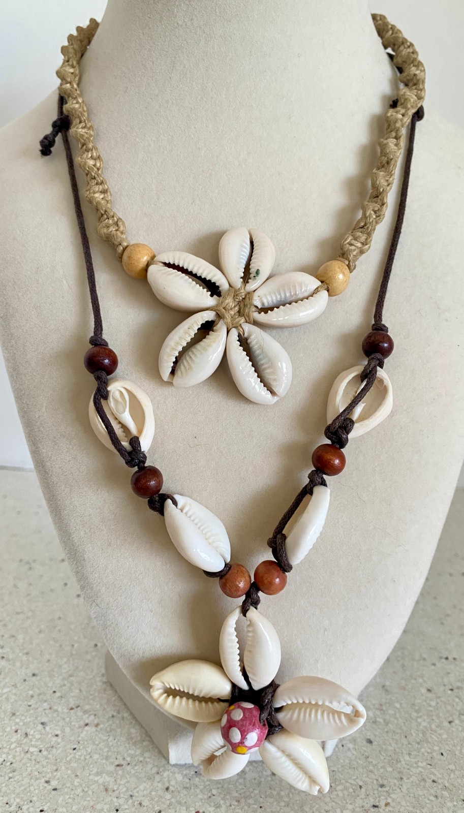 Lot of 2 Vintage Cowrie Shell Flower Necklace Choker Adjustable Seashell