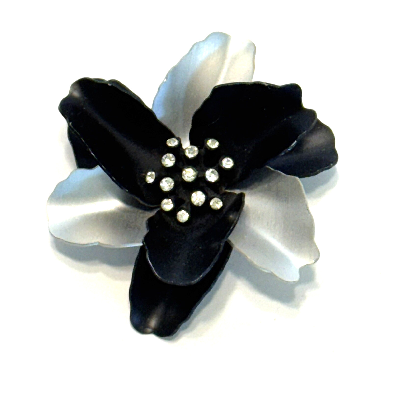 Vintage Black and Silver Flower Brooch Enamel Layered Petals Clear Rhinestones