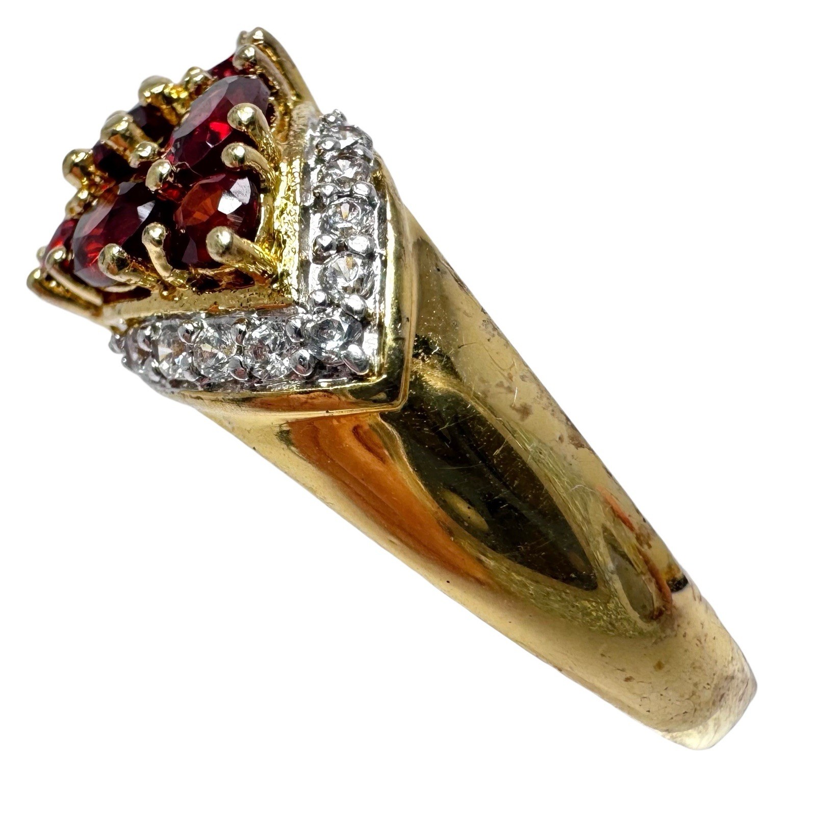 Vintage Gold Tone Red Garnet Cluster Ring Clear Rhinestone Accents 7.5