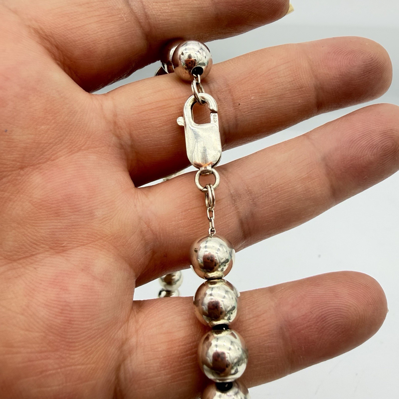 Vintage Sterling Silver Ball Bead Necklace 8.2mm Hallow Beads 17.5 “ 26.6 Gr