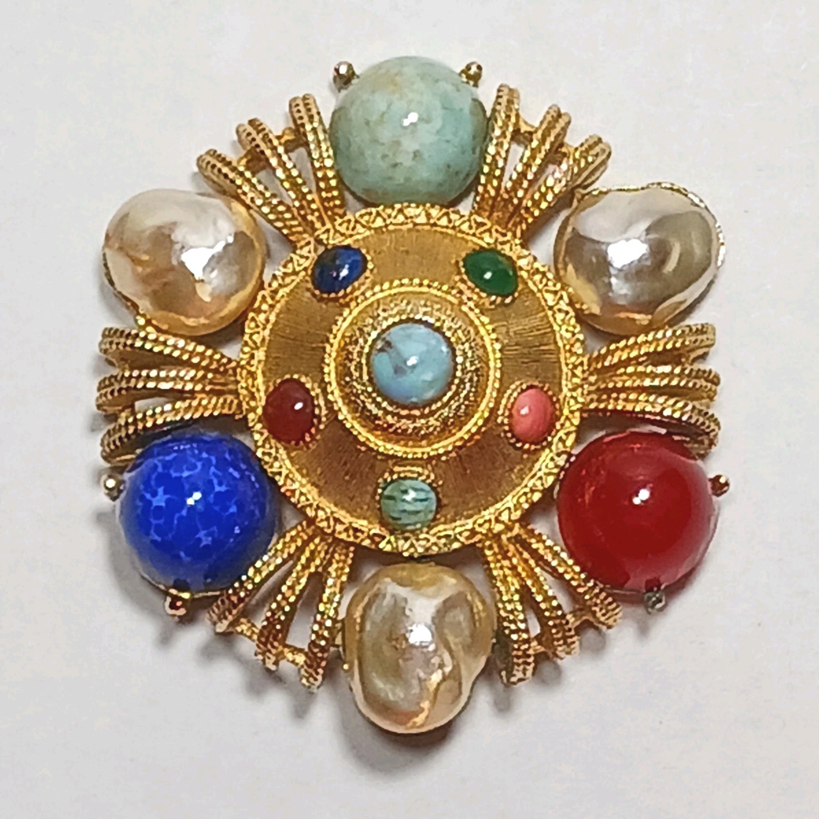 Brooch Ruby Sapphire Turquoise Cobochons Baroque Faux Pearls GT Vintage Signed