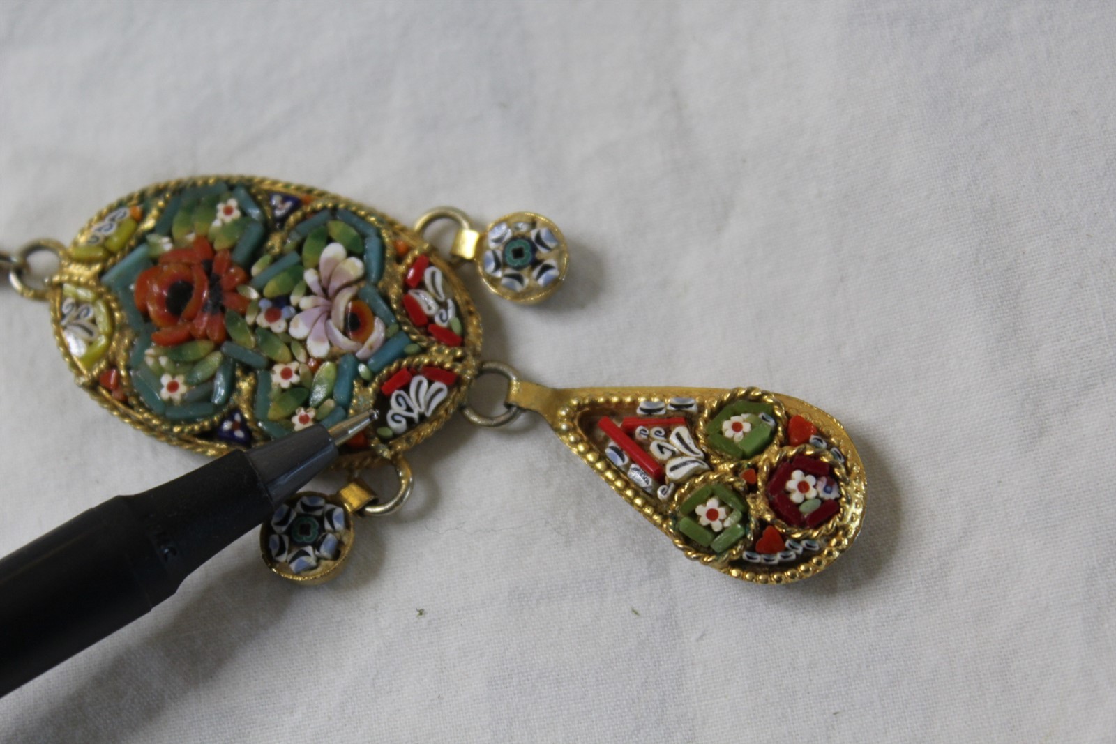 Pendant Necklace Stamped Italy Intricate Multi-Color Stone Shell Inlay Vintage