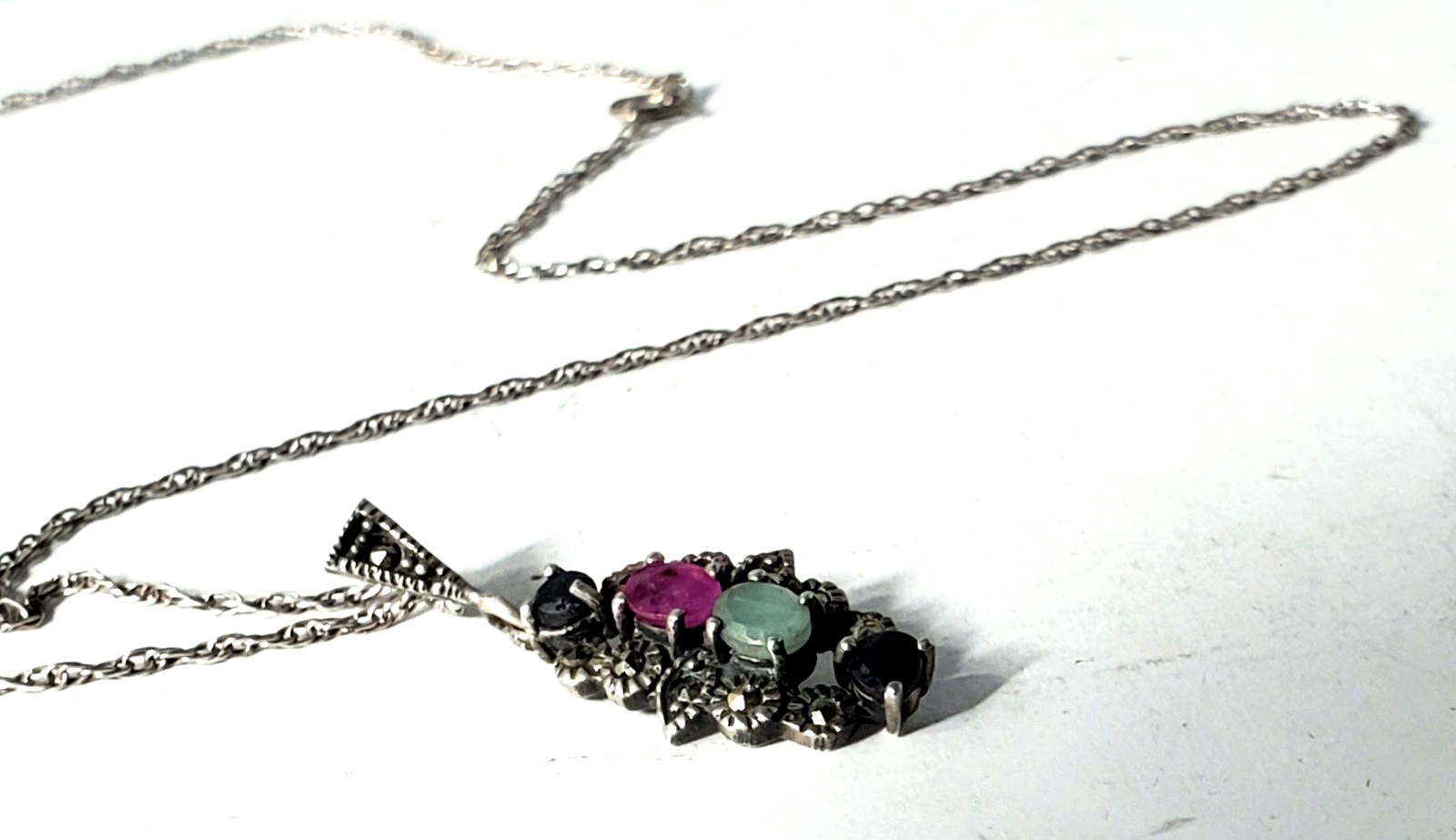 Vtg Sterling Silver Ruby Emerald Sapphire w Marcasites Pendant Necklace Lot 18″