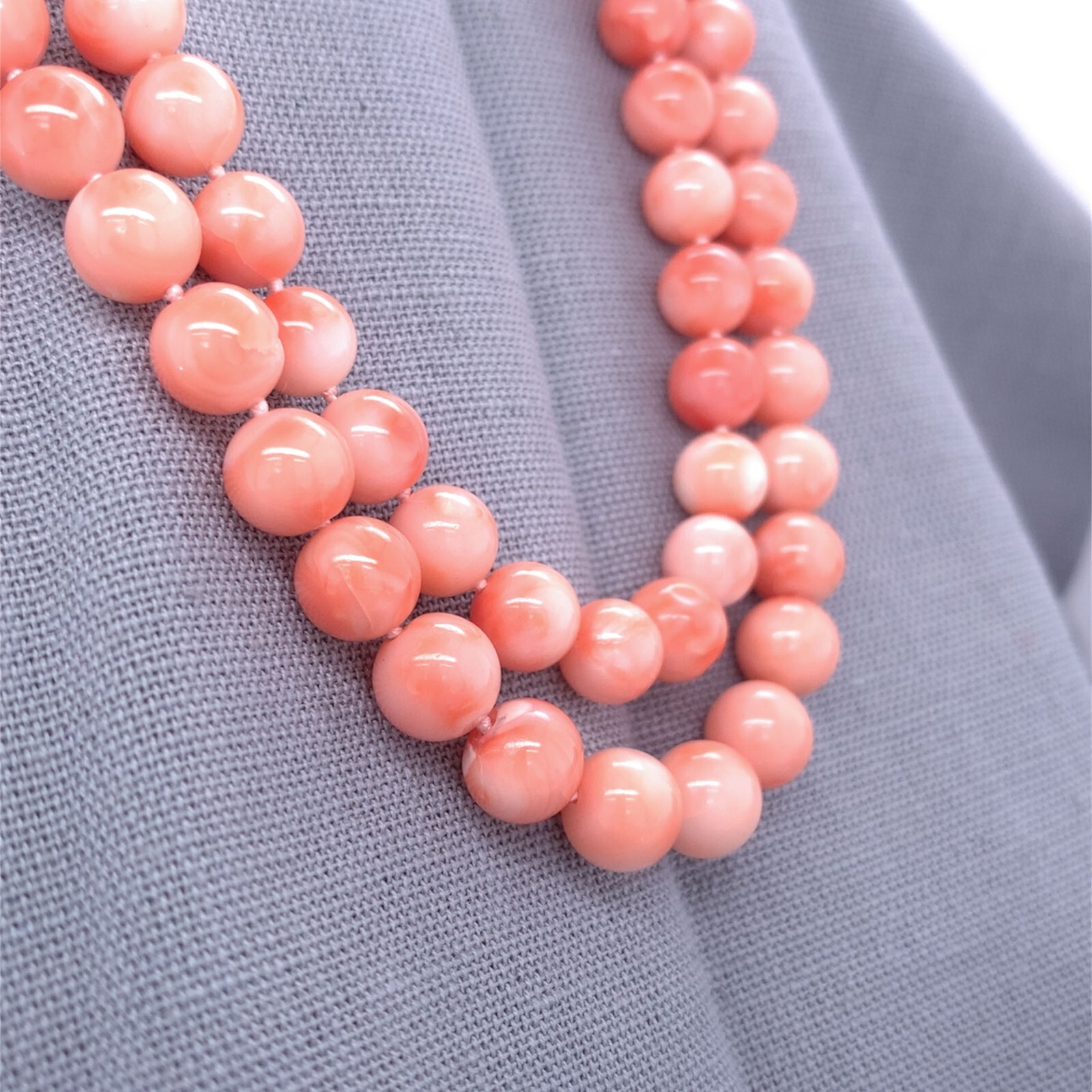 Genuine Coral Bead Double Strand Necklace 7-8mm Beads w/ 14k Gold Clasp (#J6980)