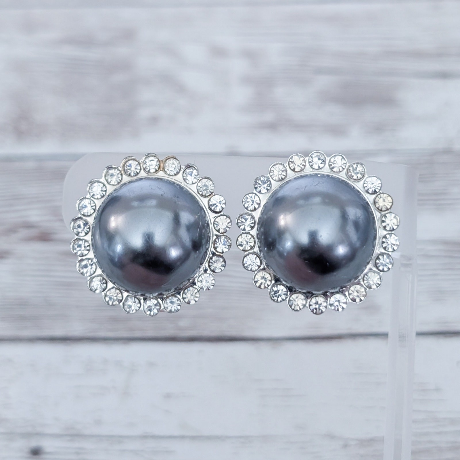Vintage Clip On Earrings Large Metallic Center with Clear Gem Halo