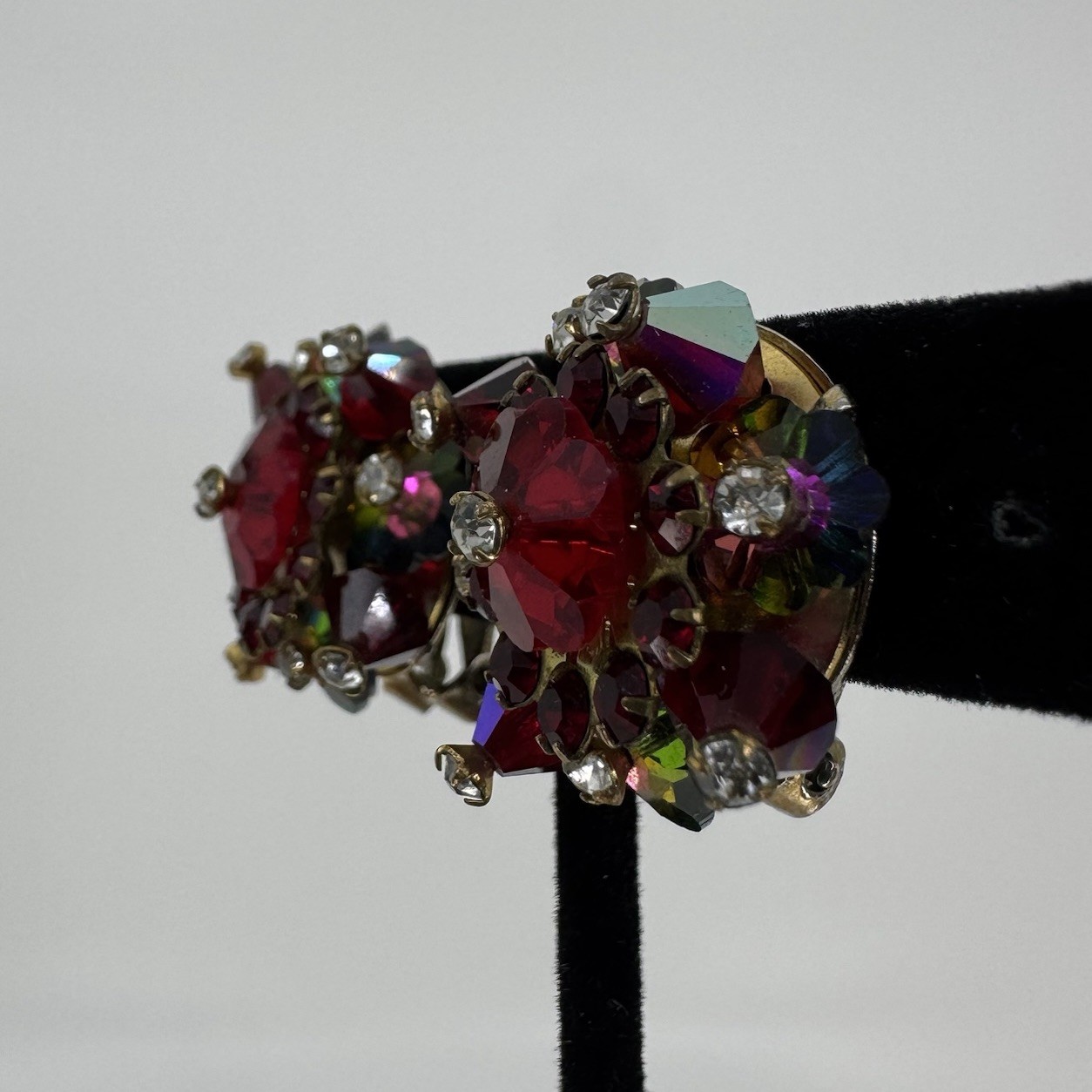 Vintage AB Red & Watermelon Rhinestone & Crystal Beaded Clip On Earrings