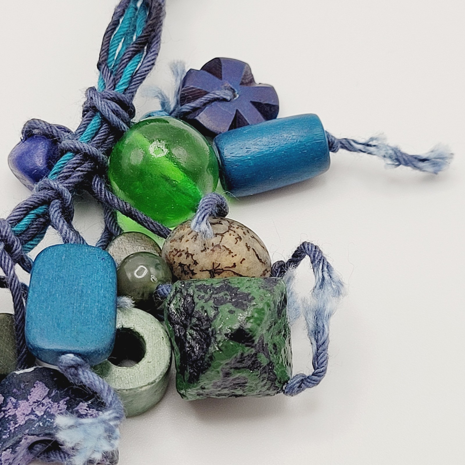 Eclectic Artsy Artisan Braided Cotton Mixed Material Beaded Vintage Necklace
