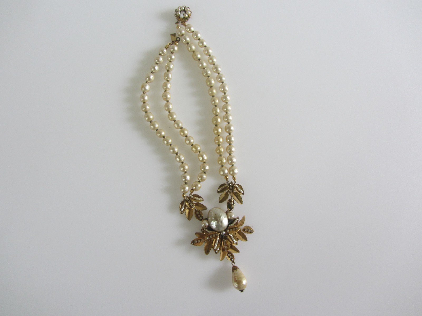 Vintage Signed Miriam Haskell Double Strand Pearl Necklace with Ornate Leaf Pend