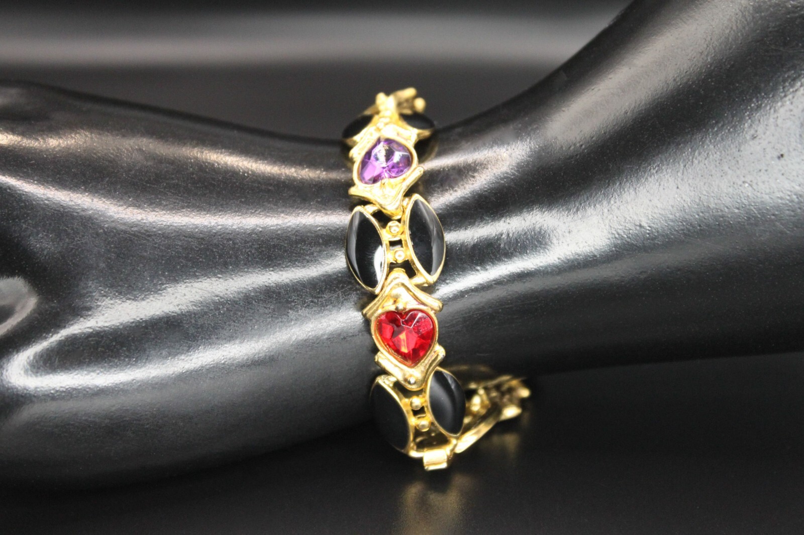 Vintage ORENA of PARIS France Rhinestones Enamel Heart Link Bracelet Gold Tone
