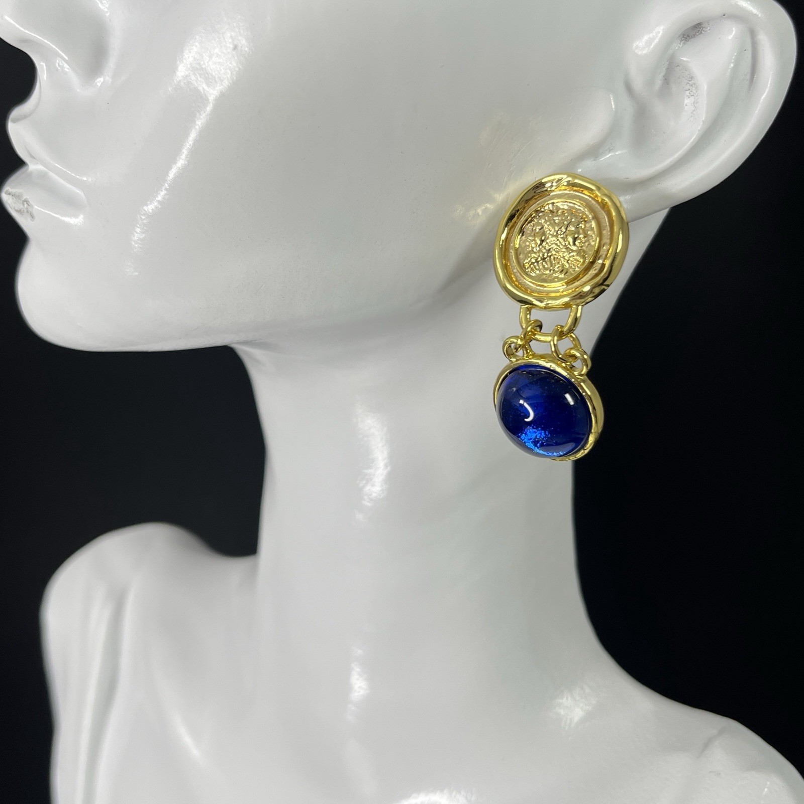 Gold Tone Etruscan Coin Dangle Earrings Blue Glass Cabochon Pierced Gripoix