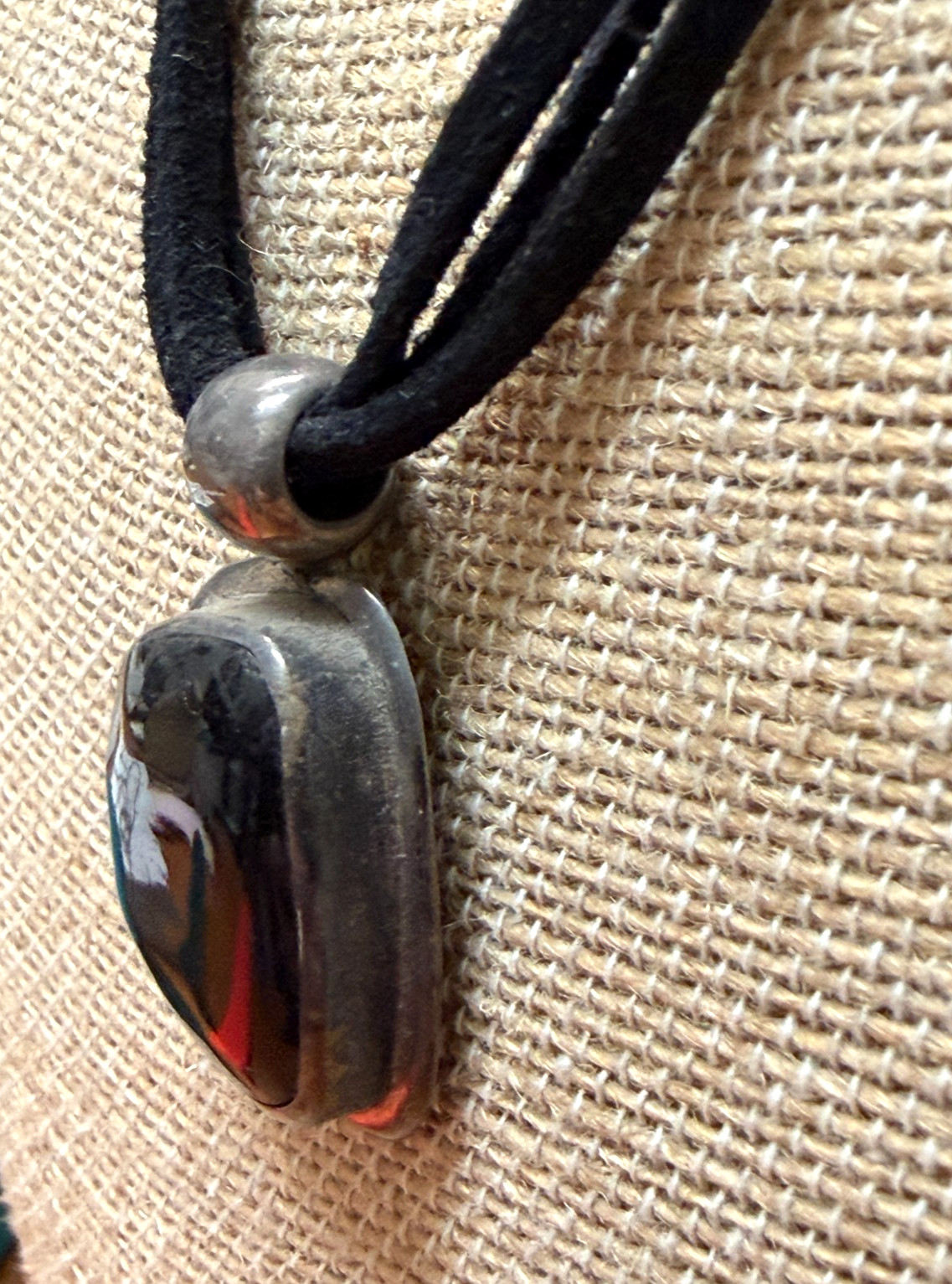 Vtg ATI Mexico .925 Sterling Mahogany Black Obsidian Pendant Suede Necklace