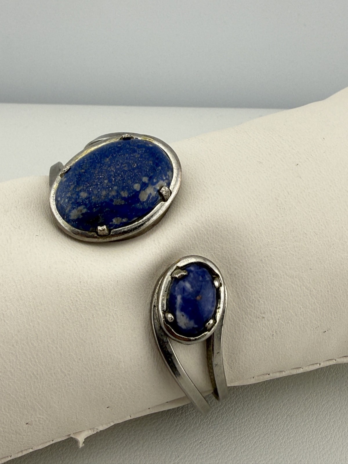 Vintage Cuff Bracelet Oval Blue Stone Cabochons Hinged Boho Classic