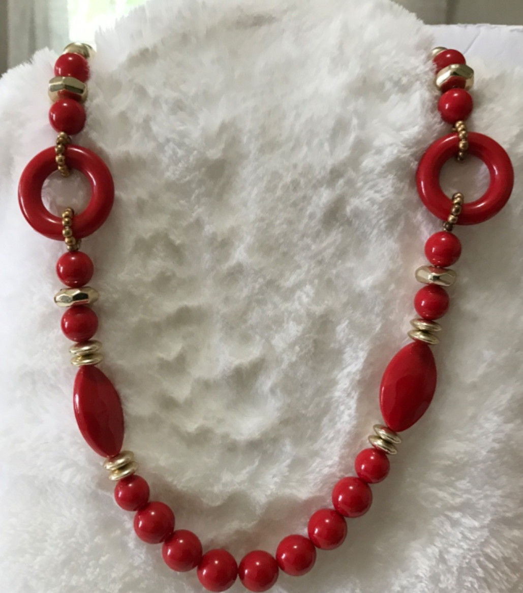 Lot of 5 Red Costume Jewelry Necklaces Fun Bright Beads Various Designs Vintage