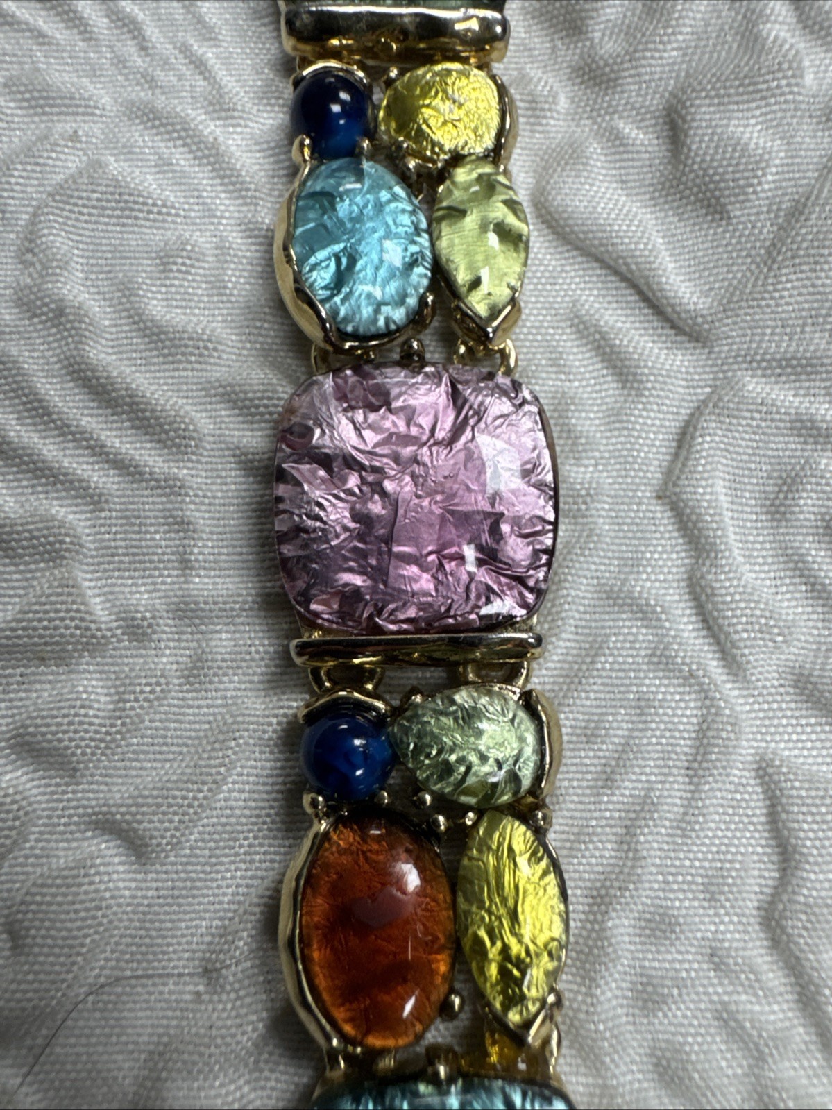 Vintage Foiled Art Glass Gold Plate Panel Link 8”Bracelet