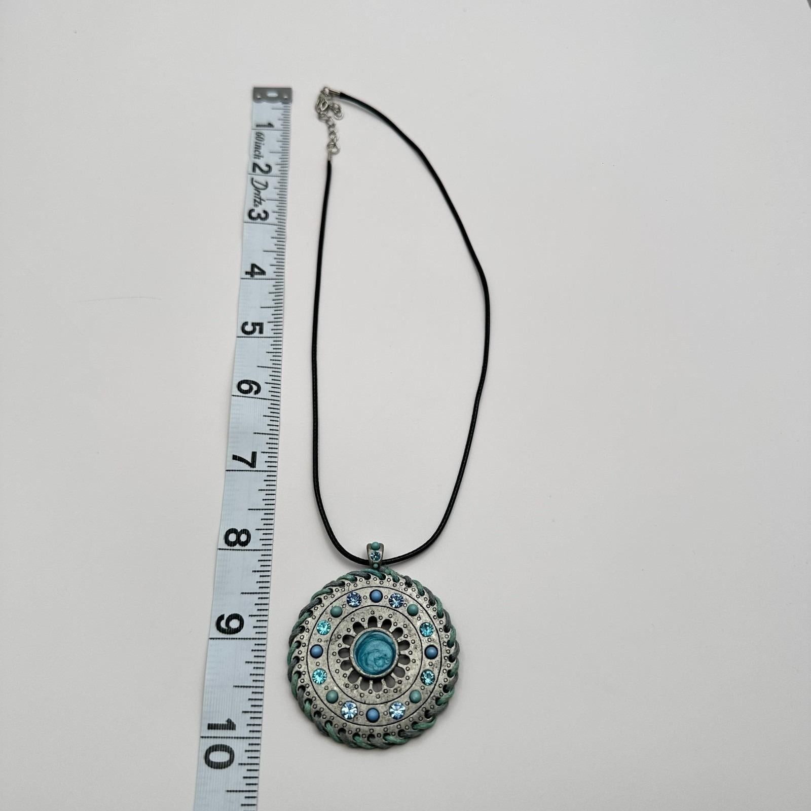 Vintage 90s Teal Blue Beaded Medallion Pendant Necklace Silver Tone Rhinestone