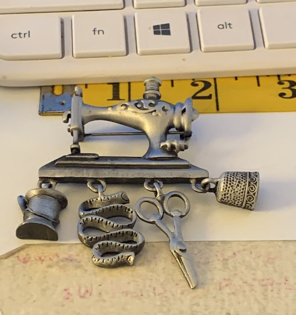 AJC Sewing Machine Pewter Silvertone Brooch Thread Scissor Thimble Tape Measure