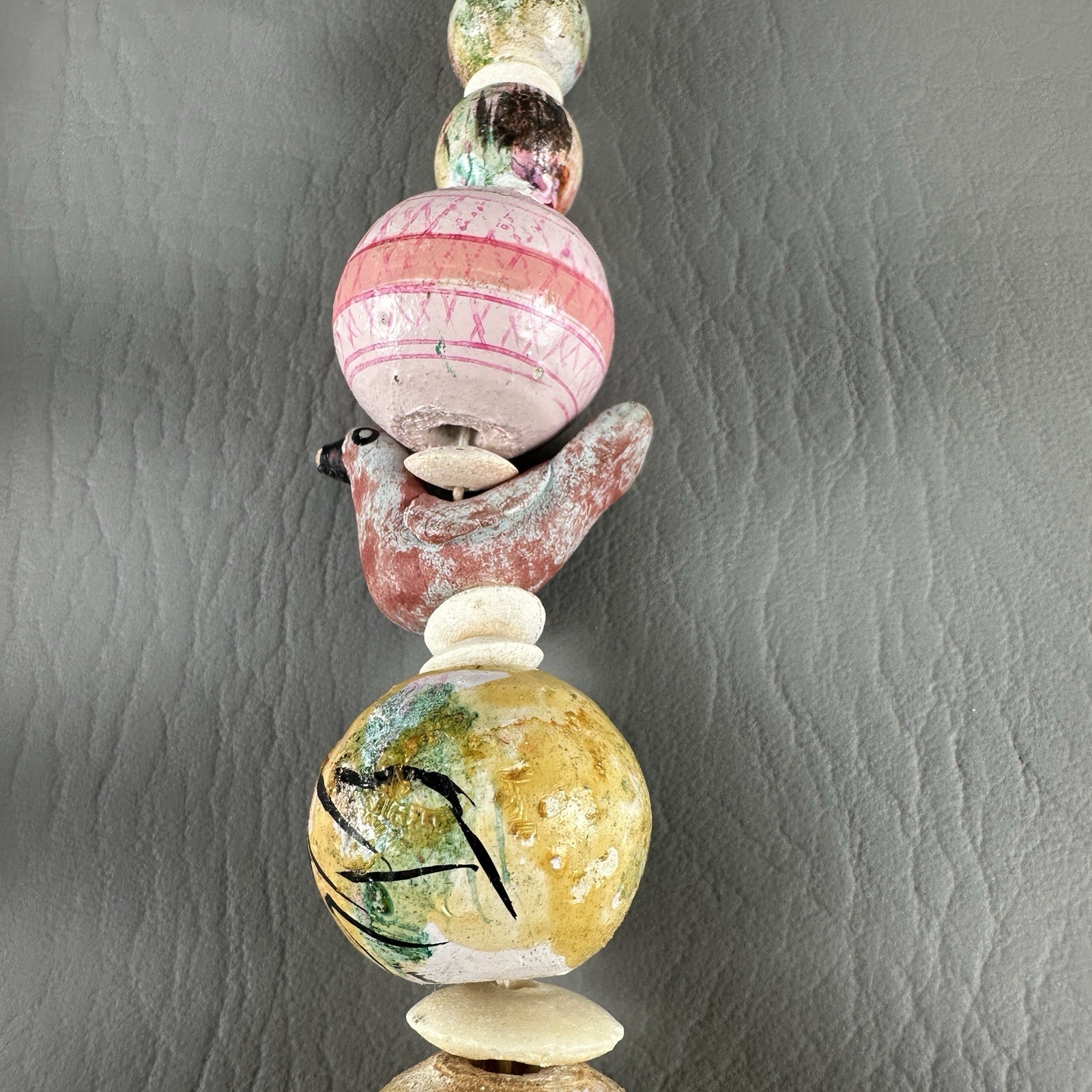 Vintage Hand Painted Necklace Bird Bead Artisan Wood 27”
