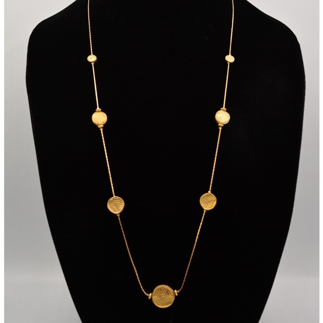 Vintage Station Chain Necklace Antiqued Brushed Gold Coin Linked Heavy 80s Bin3C