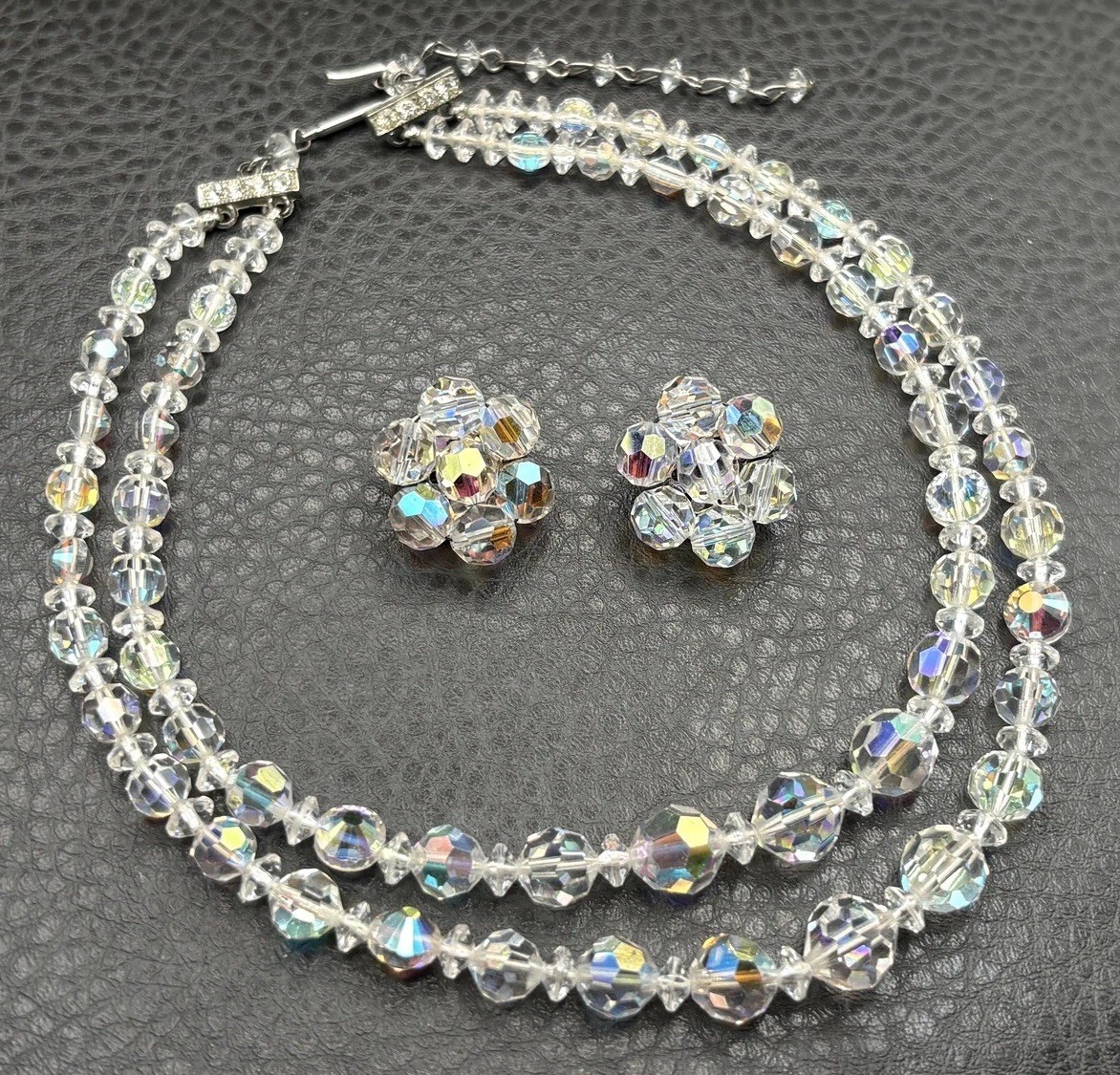 Vintage Aurora Borealis Crystal 2 Double Strand Necklace & Clip-On Earrings Set