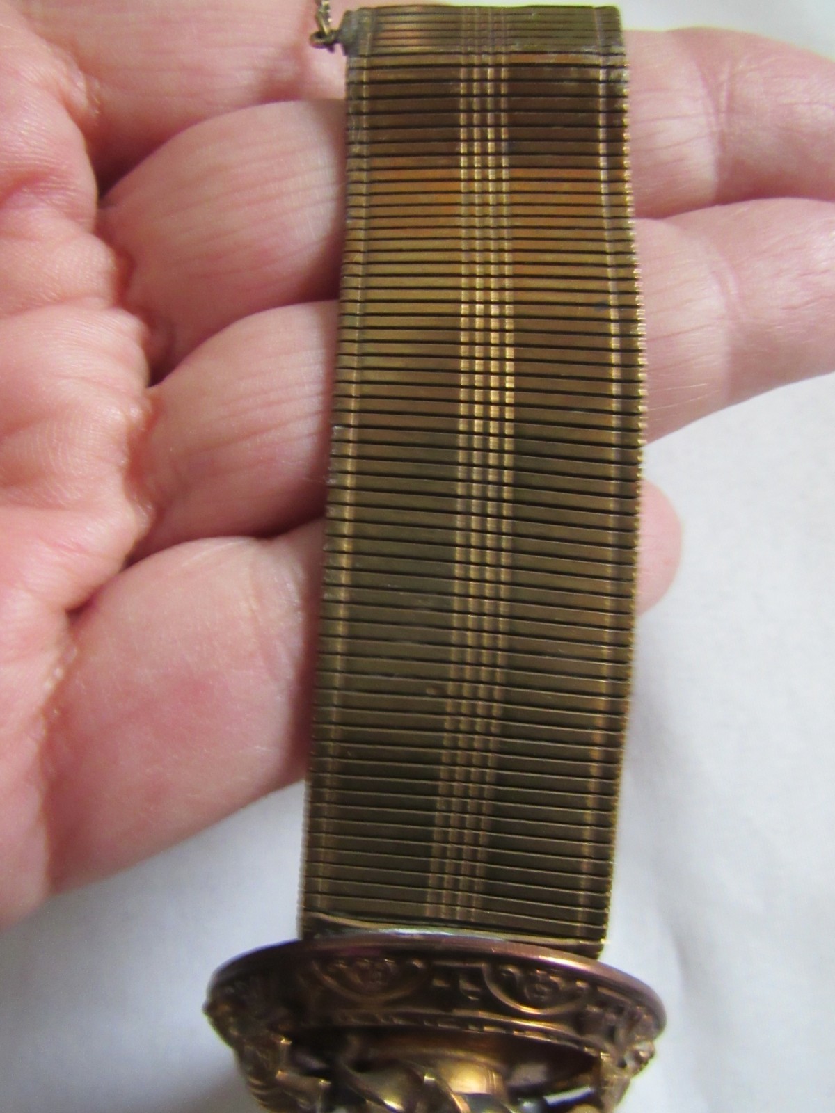 Brass Mesh Vintage Bracelet with Center Stone Medallion & Safety Chain Clasp