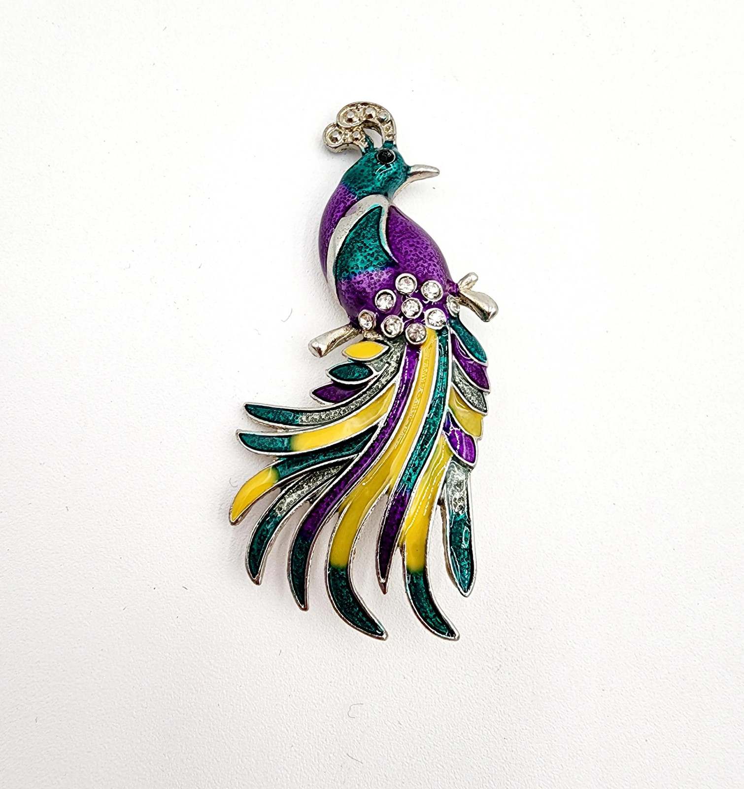 Peacock Bird Of Paradise Enameled Brooch Peacock with Purple Yellow And Green