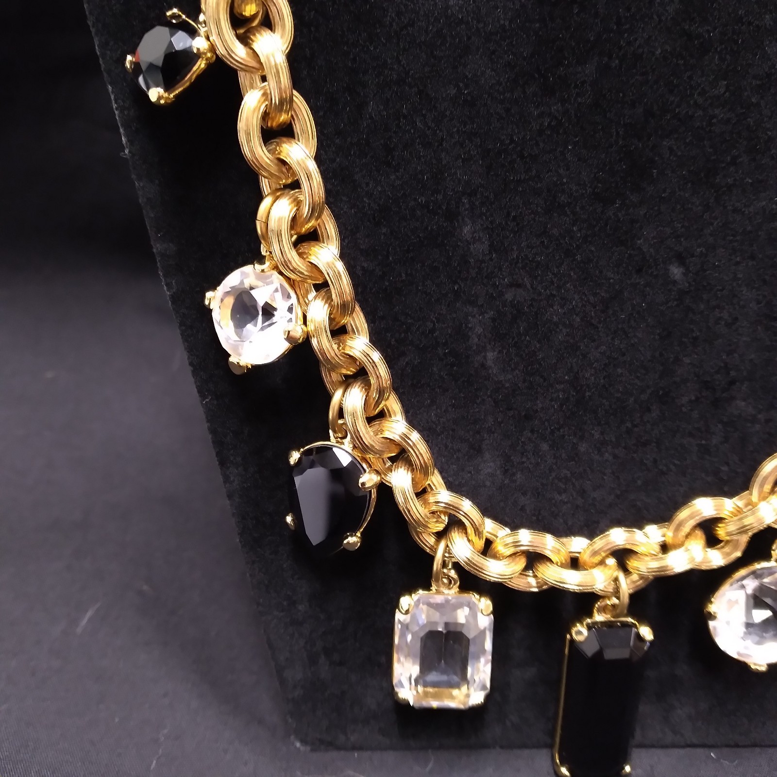 Monet Gold Tone Chunky Necklace with Clear and Black Crystal Charms