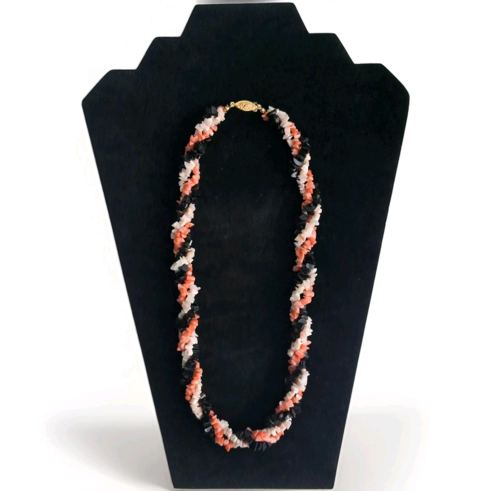 Gorgeous Pink Angelskin/Black/White Coral Necklace 19″ w/ Antique Fishhook Clasp
