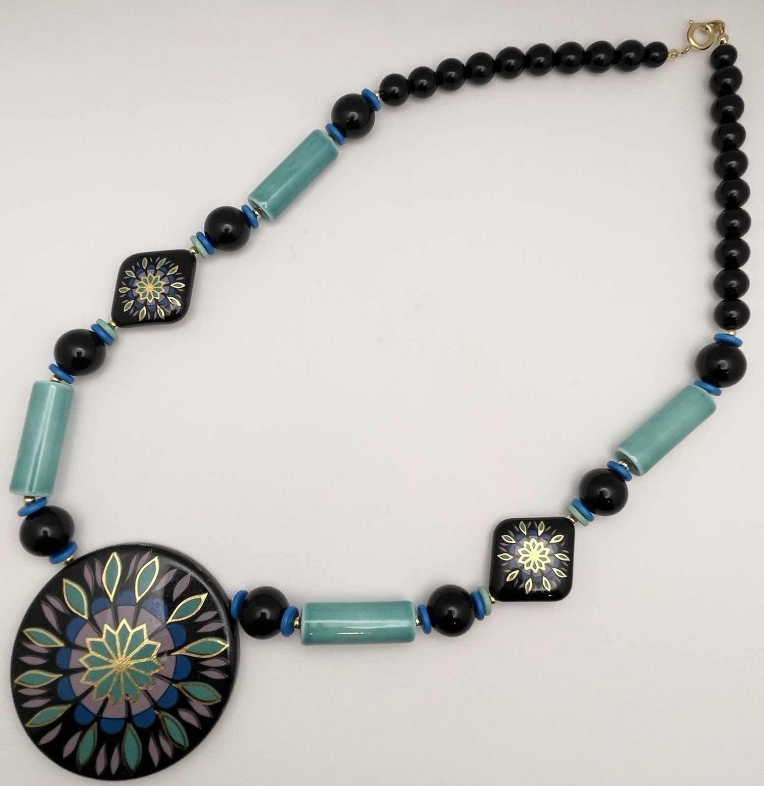 Boho Vintage Flower Japan Necklace Ceramic Wood Acrylic Gold Tone Clasp