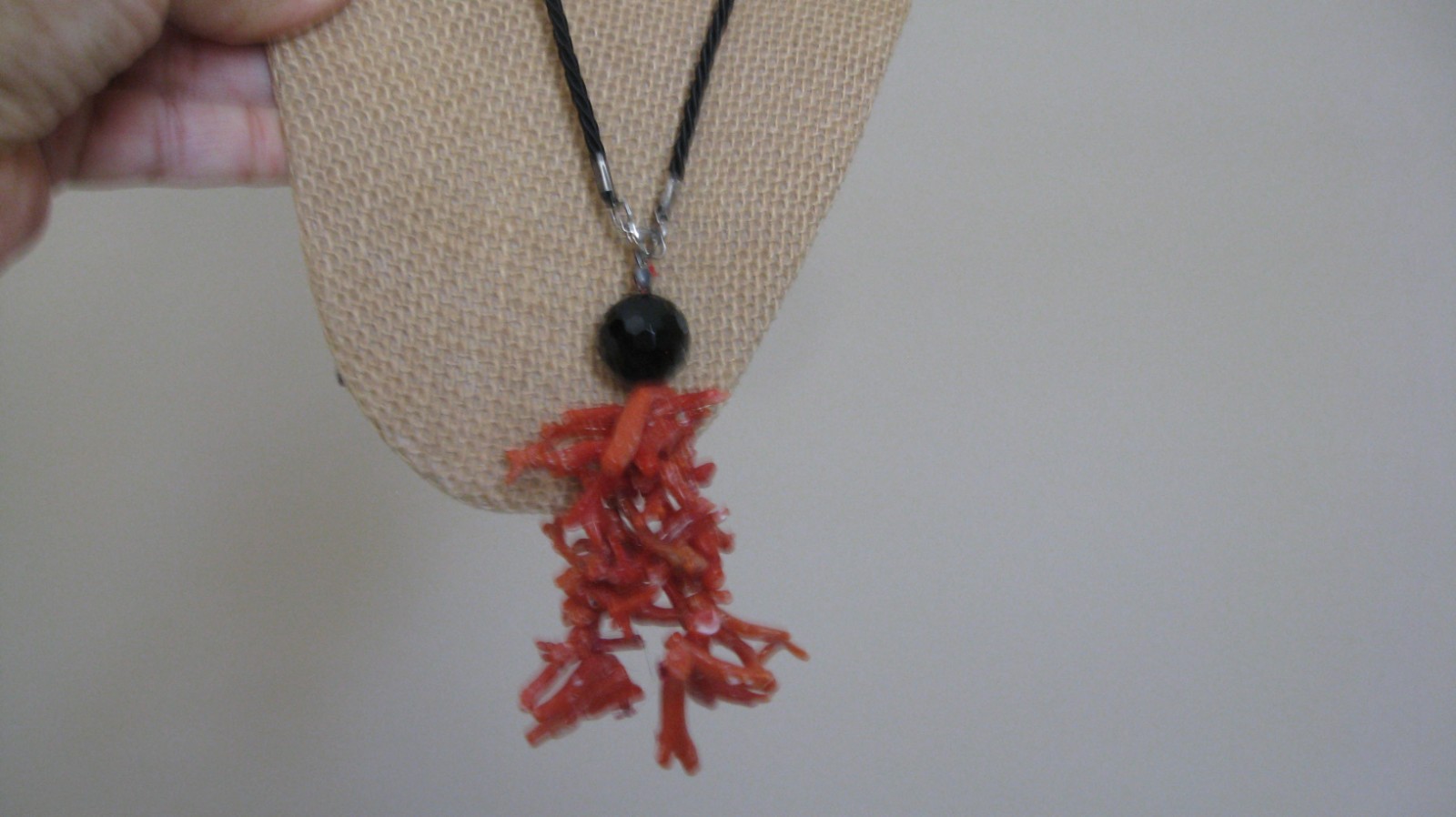 Vintage Branch of Coral Faceted Crystal or Onyx On Black Silk Cord Necklace NICE