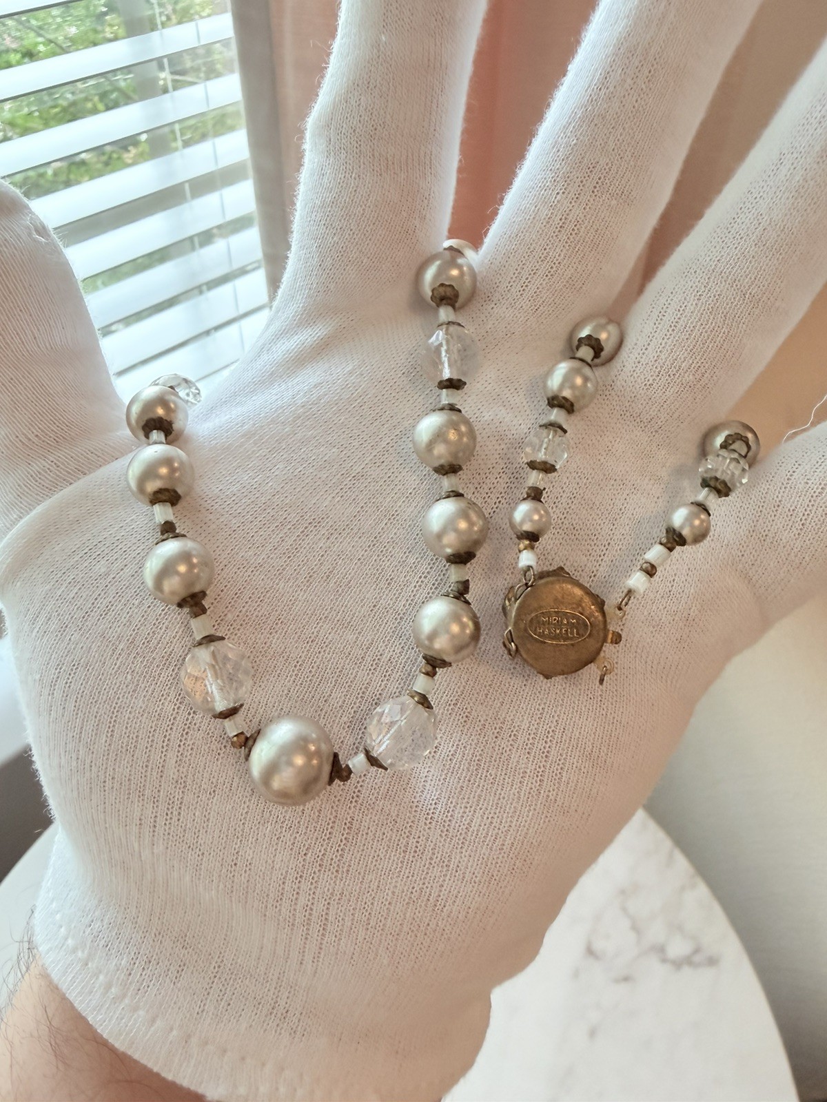 Vintage Miriam Haskell 22″ Grey Pearl & Faceted Crystal Necklace Flower Clasp
