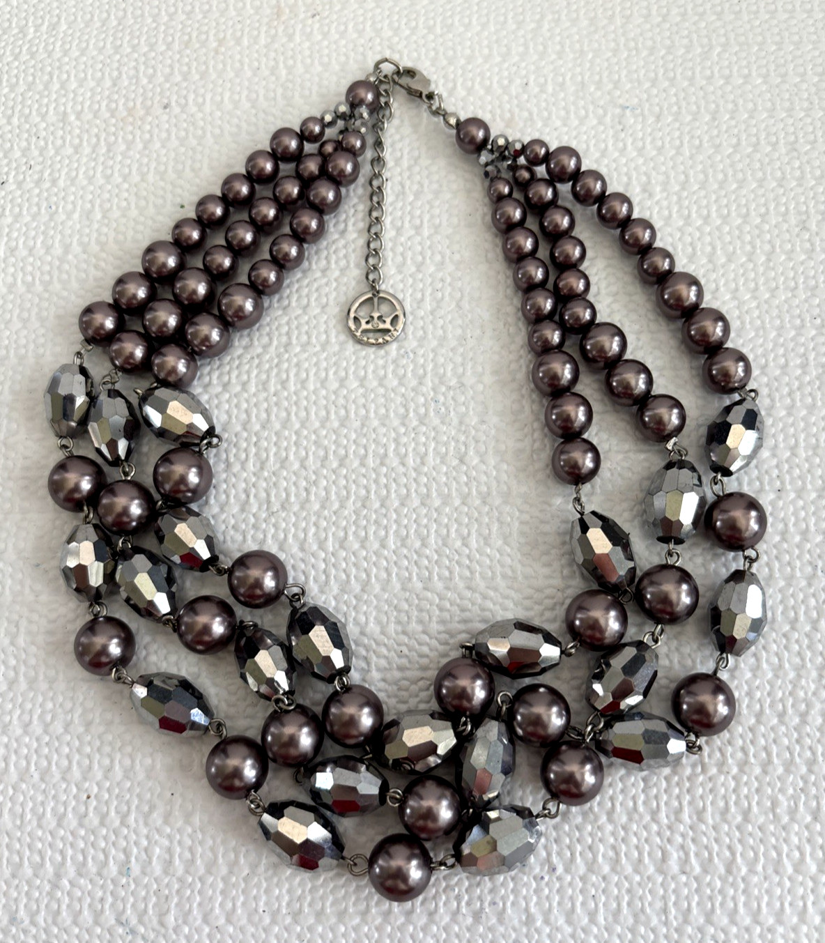Crown Trifari gray pearl and Mercury Coated bead three strand necklace