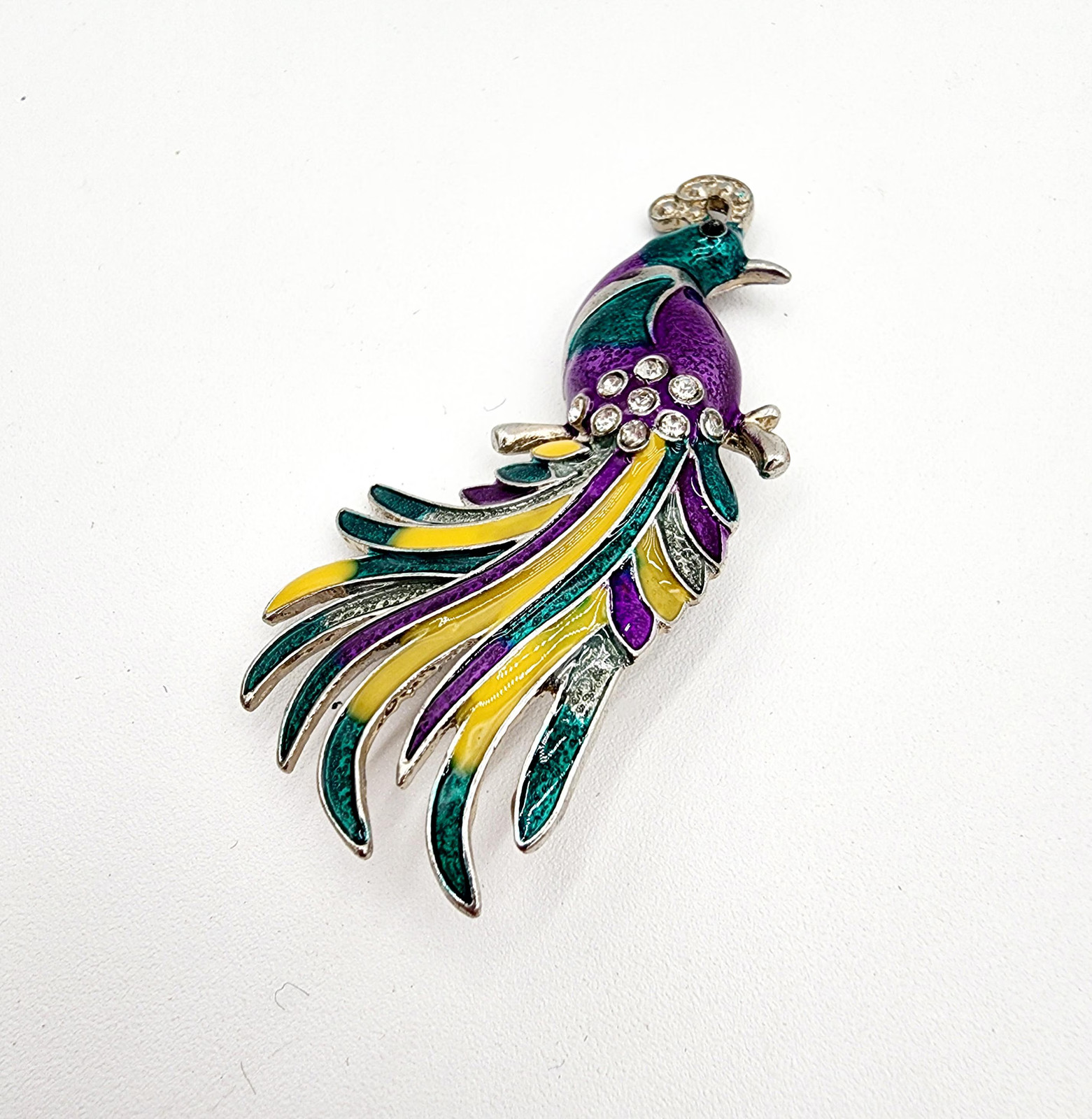 Peacock Bird Of Paradise Enameled Brooch Peacock with Purple Yellow And Green