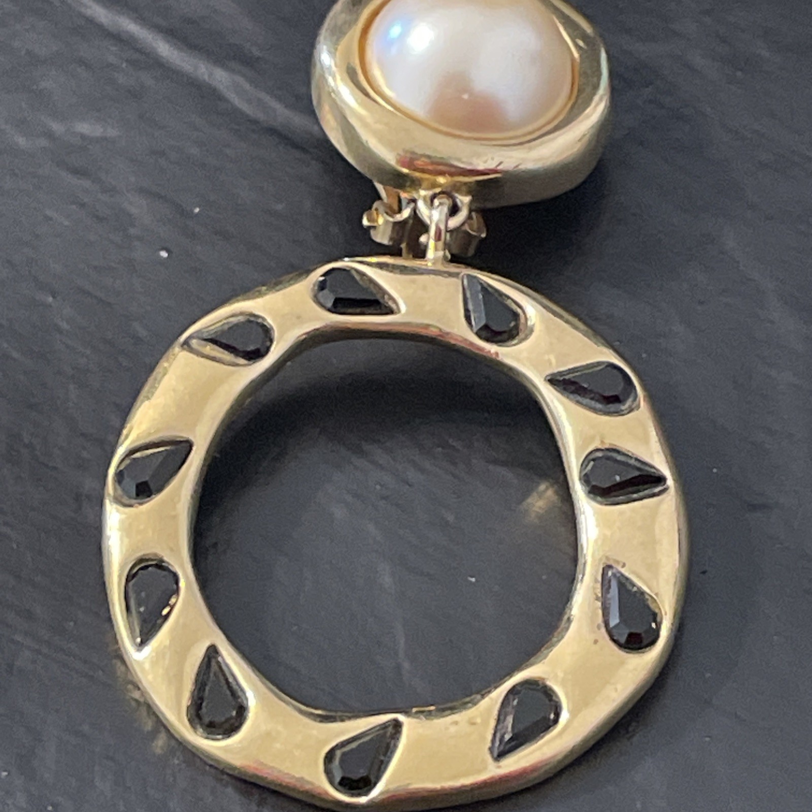 Givenchy Vintage Hoops Earrings Gold Pearl Drop Dangle Black ‘Onyx” Clip Ons