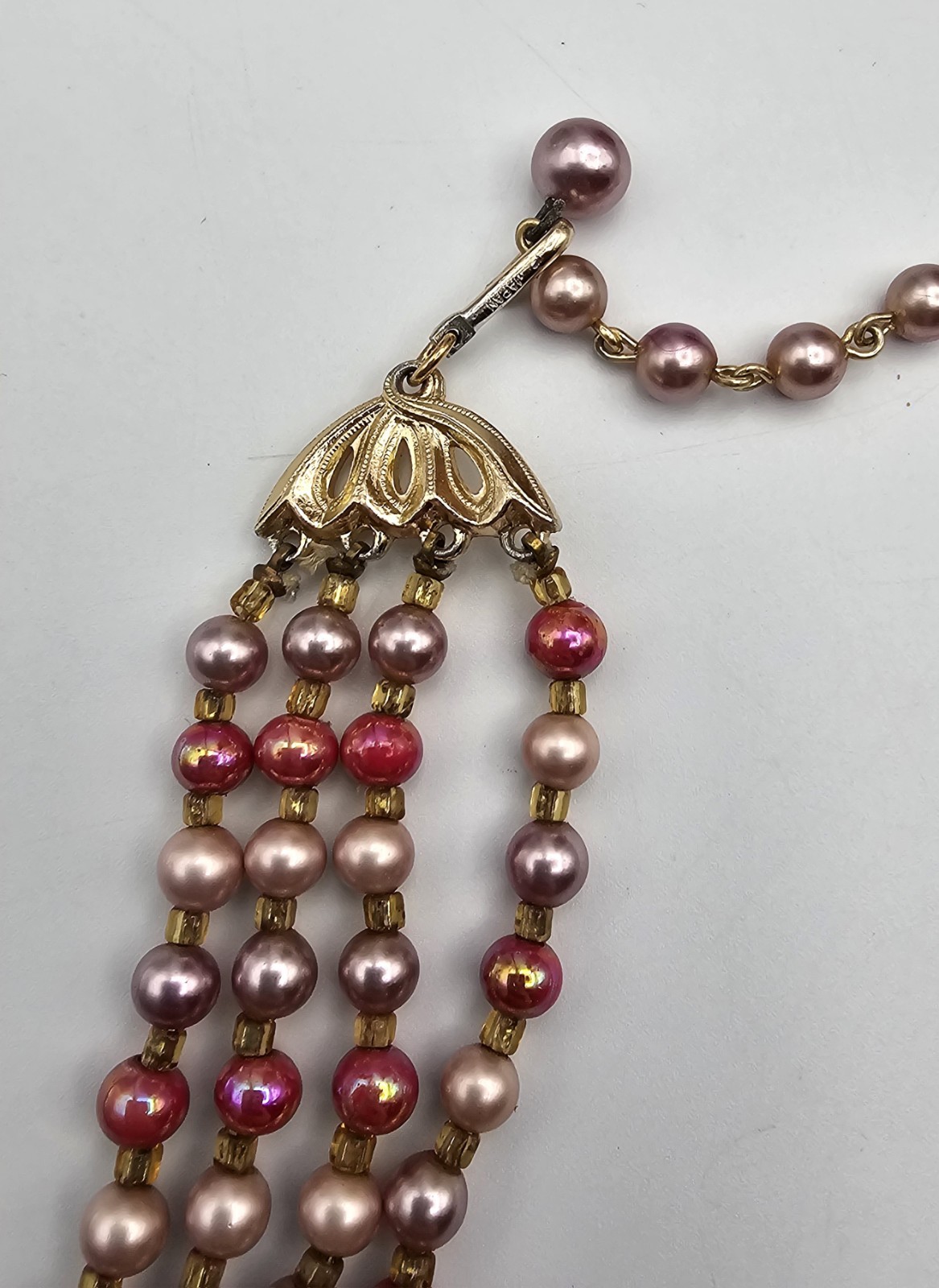 Vintage Multi-Strand Faux Pearl Necklace ~ Pinks & Purples Three Strand Japan