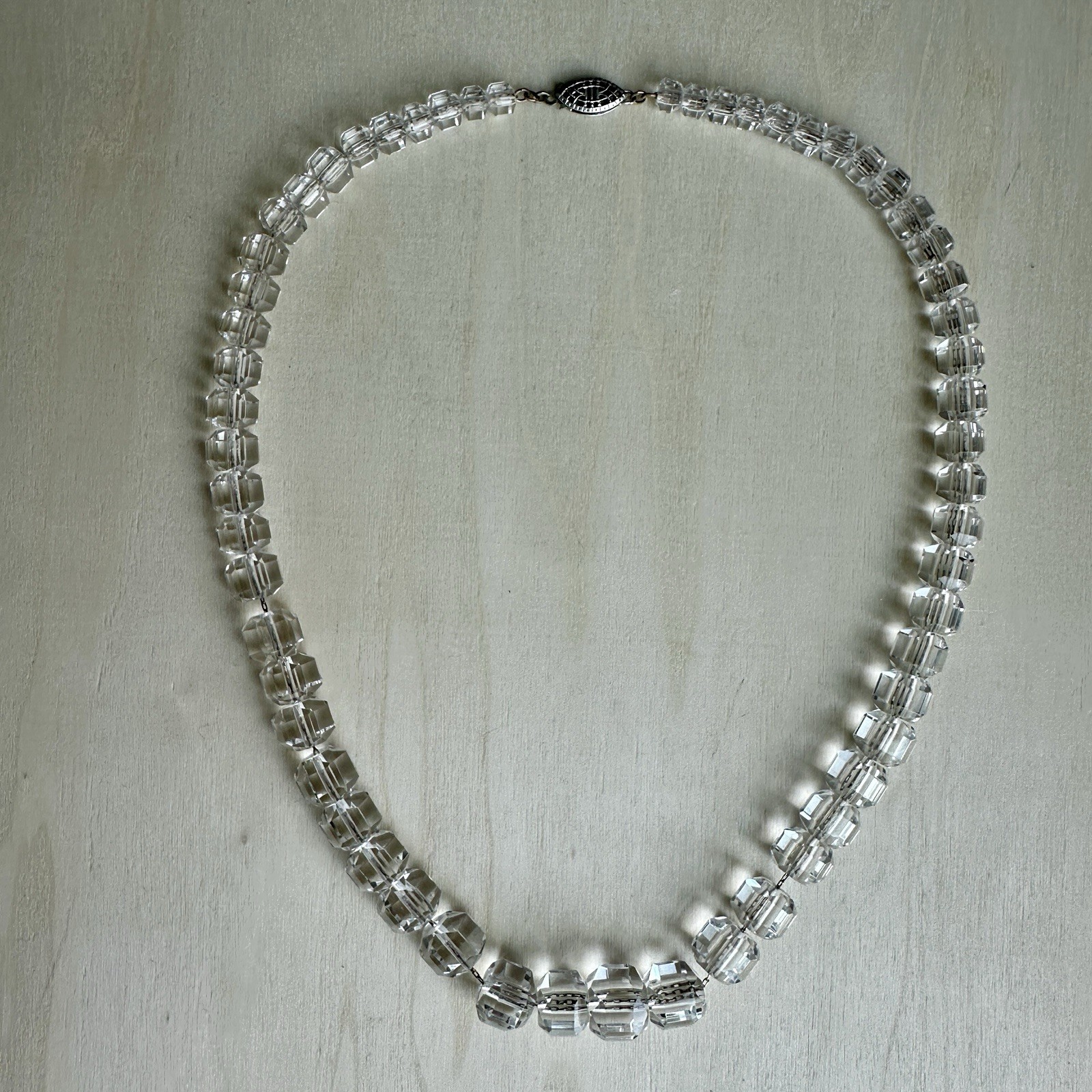 Vintage Deco Graduated Bead Necklace 17 Inch Faceted Clear Crystal 925 Sterling