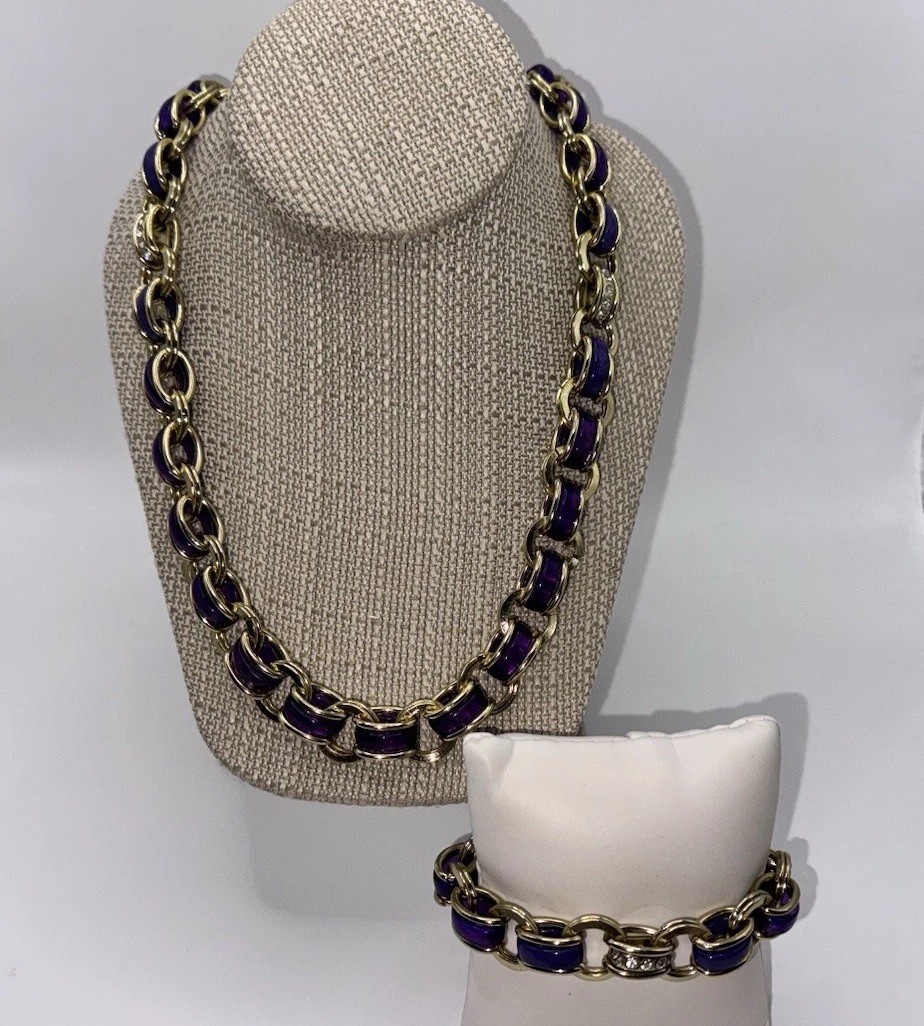 Vintage Coldwater Creek Gold Tone Purple Enamel Necklace & Bracelet Set