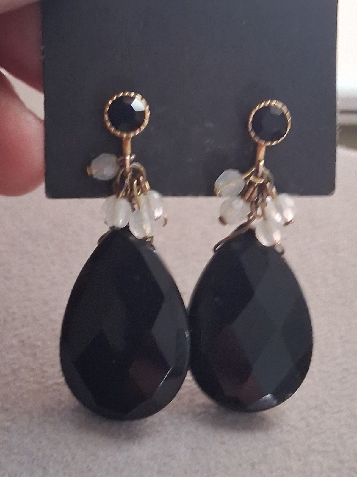 Faceted black glass teardrop stone adjustable clip on earrings w/dangle accents