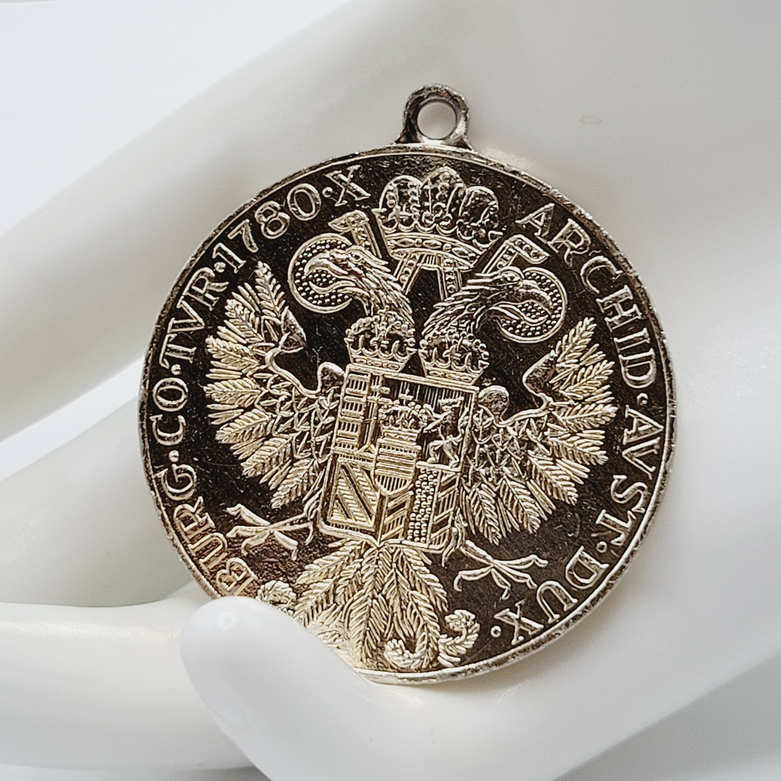 Maria Theresa Replica Token Medallion Coin Pendant Gold Tone Attached Bail