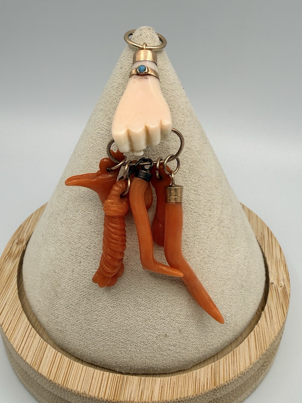 Antique Ca 1830-70s Angle Skin /Orange Coral Hand Figa & Charm Pendant Gold