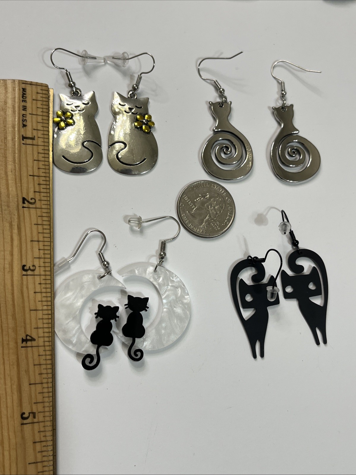 Cat Pierced Earrings Lot of 4 Kitty Black Cat Moon Flower Silvertone Halloween