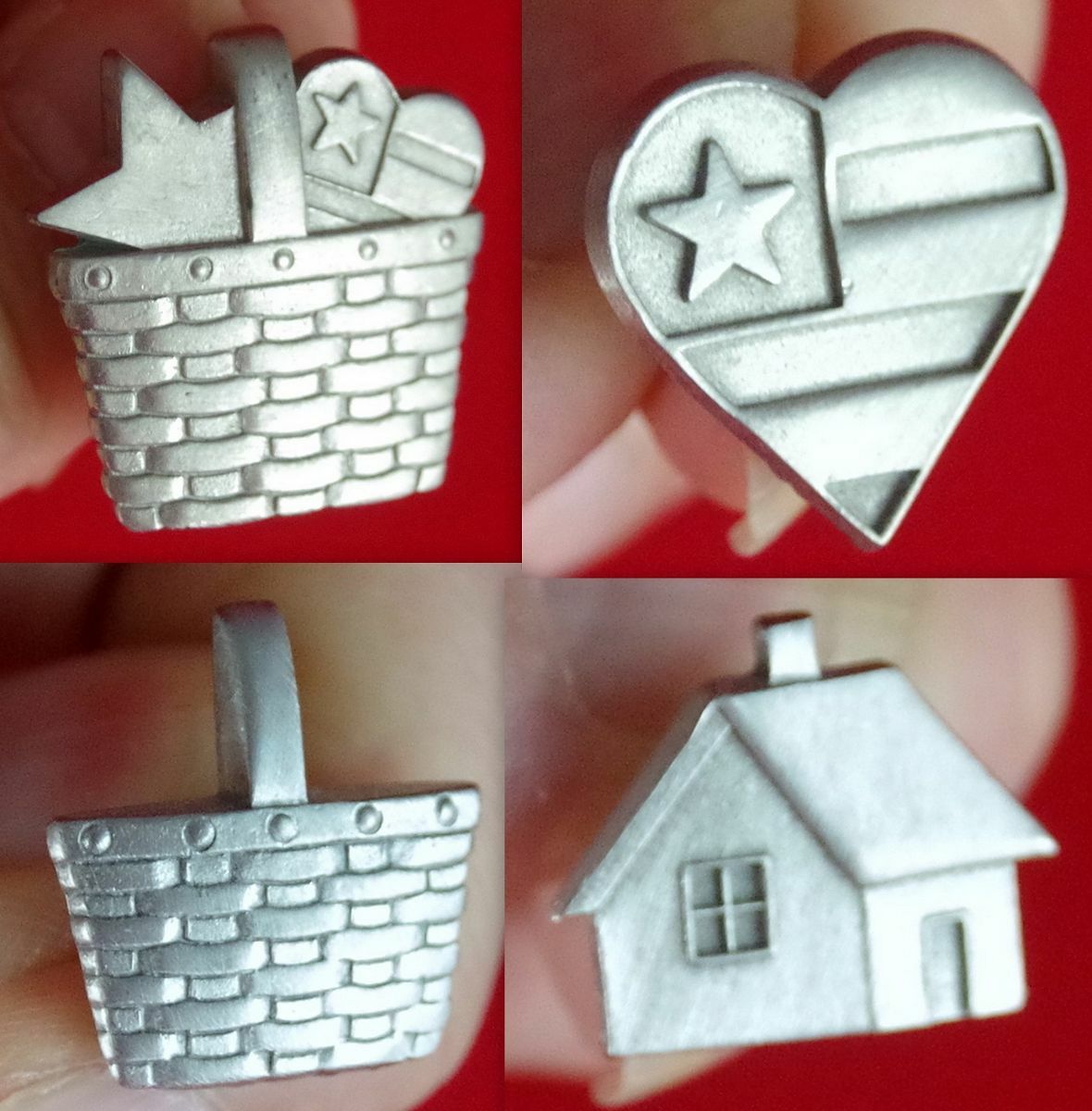 Lot 2 NOS VTG FINE PEWTER PICNIC BASKET, SET 3 HOUSE FLAG HEART BROOCH LAPEL PIN